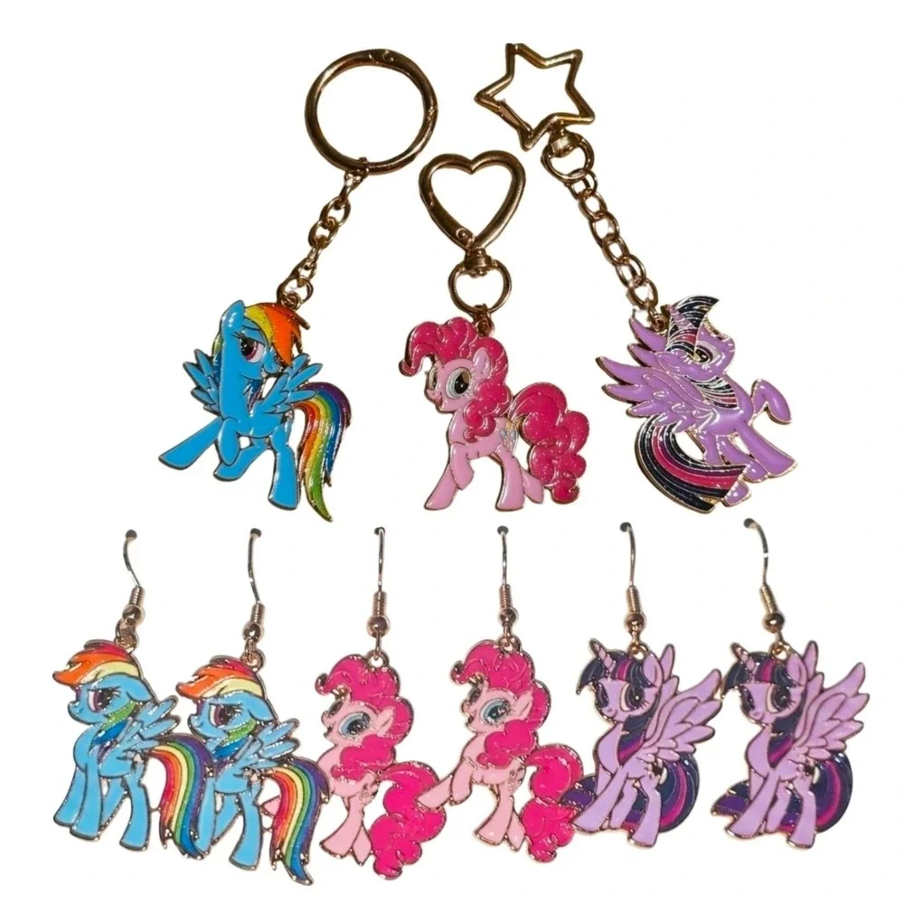 My Little Pony Keychains & Earrings SET Rainbow Dash Pinkie Pie Twilight Sparkle